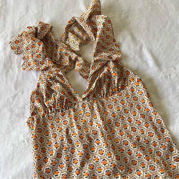 Vintage Daffy California Orange Floral Criss Cross Flutter Summer Midi Dress - Picture 4 of 9